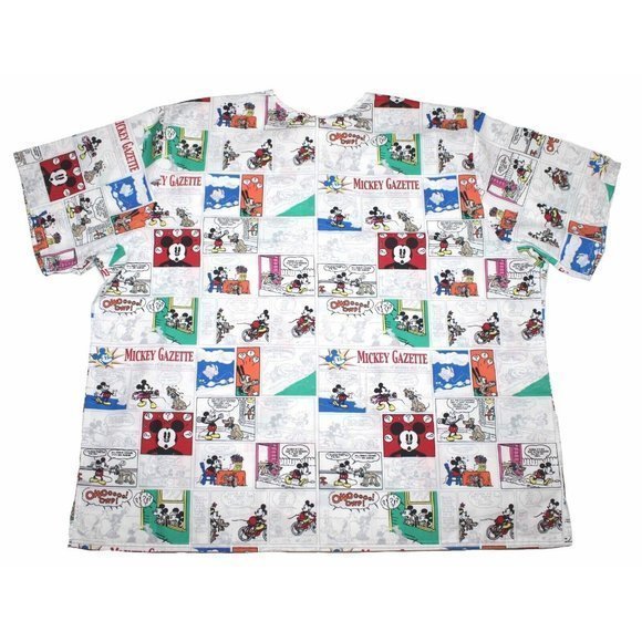 Disney Mickey Gazette Comic Strip Print Scrub Top Pockets Womens Size 3XL‎ - Picture 2 of 3